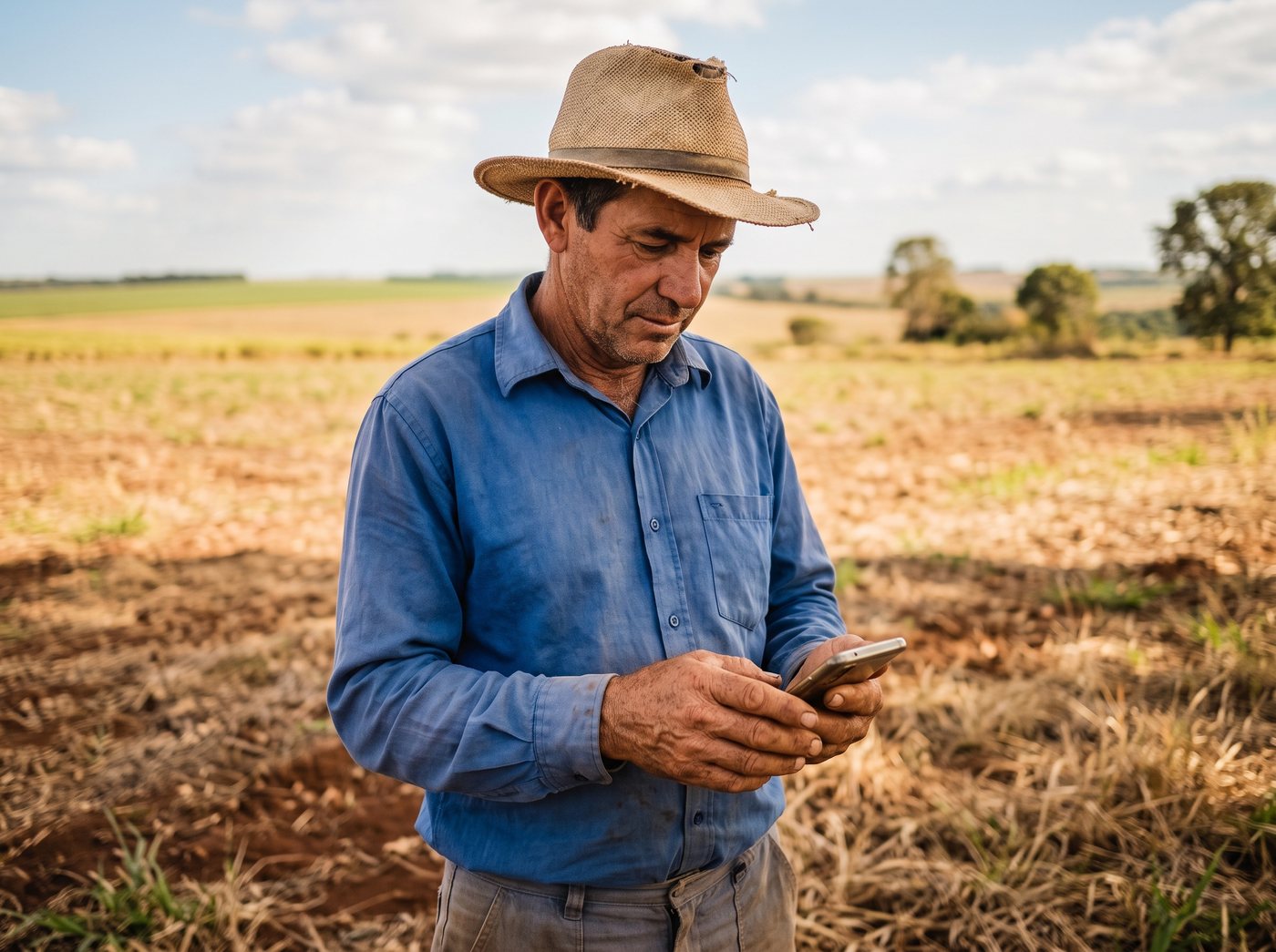 Produtor rural de chapéu conferindo o celular em pé na lavoura